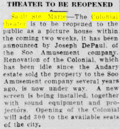 Colonial Theater - JAN 29 1943 SOO MGMT TAKES OVER COLONIAL